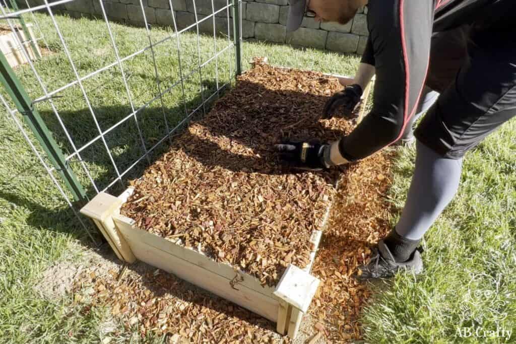 spreading mulch over a garden bed