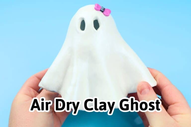 white ghost with pink bow with the title 'air dry clay ghost'