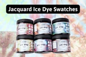 all six containers of jacquard ice dyes with a background of dyed tote bags with the title "jacquard ice dye swatches"