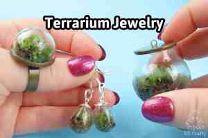 A complete handmade terrarium jewelry set with a text overlay that reads "Terrarium Jewelry" against a solid light blue background.
